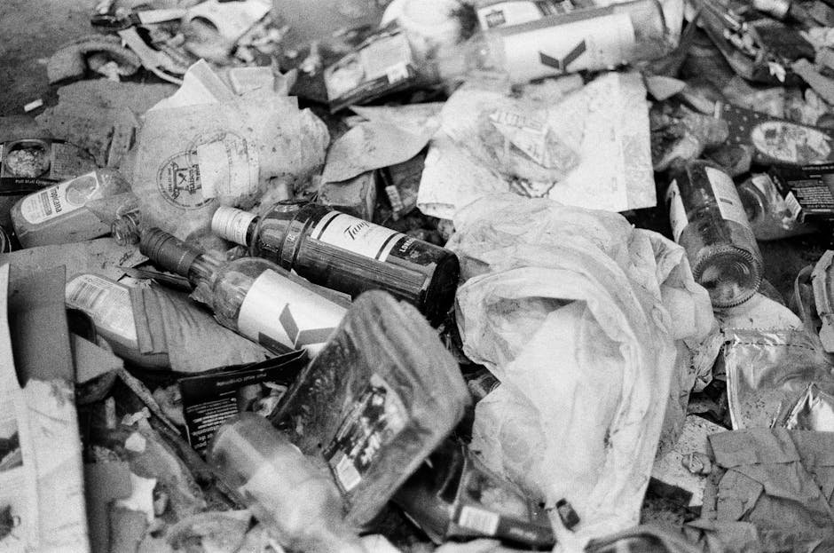 A large pile of mixed household waste and rubbish scattered on a surface, including crumpled paper, plastic bottles, aluminum cans, and cardboard packaging. The bottles are transparent with visible labels, some with caps still attached. The cardboard appears flattened and torn, with different textures from smooth to rough. There are also crumpled plastic and paper items intertwined, creating a cluttered heap. The background shows an indistinct environment, possibly outdoors or in a storage area, with no clear boundaries or additional objects visible. The lighting is even, highlighting the various materials and textures, emphasizing the messy nature of the waste. This scene depicts a typical example of waste accumulation, which could be handled through private rubbish removal services like those offered by rubbishremovalephantandcastle.org.uk, supporting alternative waste disposal methods to municipal collection in Southwark Council's SE17 area.